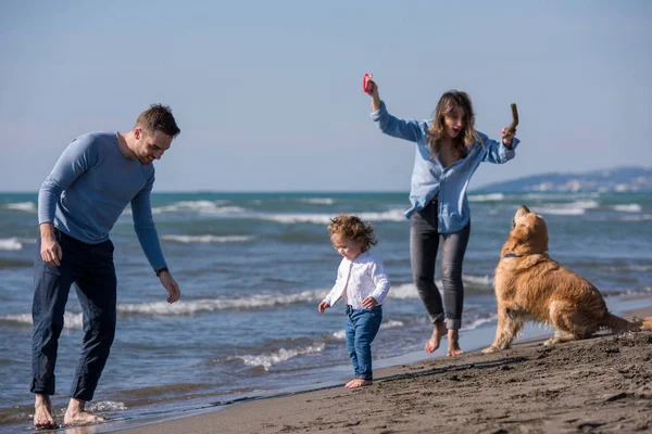 Feliz Familia Joven Con Niños Divirtiéndose Con Perro Cometa Playa —  Fotos de Stock