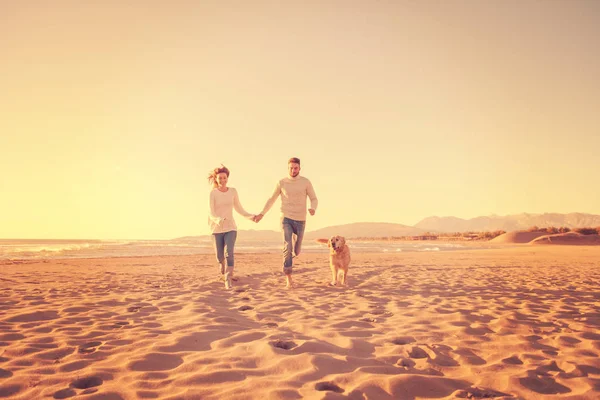 Pareja Corriendo Playa Sosteniendo Sus Manos Con Perro Día Autmun — Foto de Stock