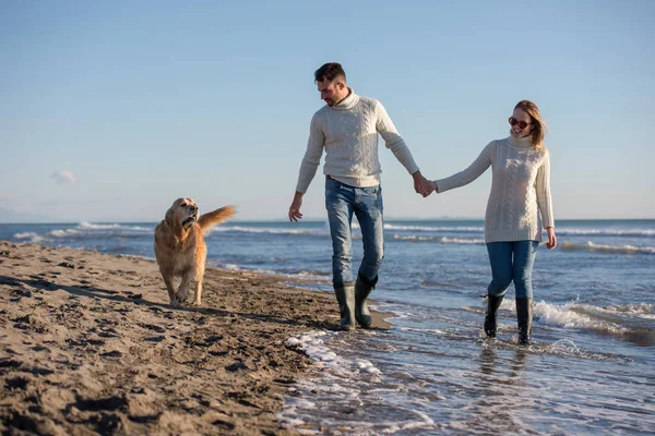 Casal Correndo Praia Segurando Mãos Com Cão Dia Outono — Fotografia de Stock