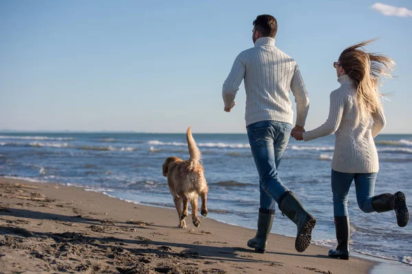 Para Biegająca Plaży Trzymająca Się Ręce Psem Dniu Autmun — Zdjęcie stockowe