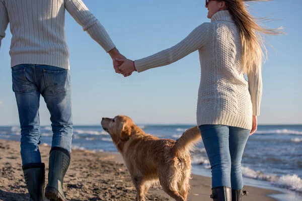 犬と手をつないでビーチを走るカップル秋の日 — ストック写真