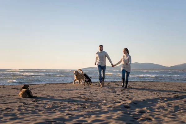Pareja Corriendo Playa Sosteniendo Sus Manos Con Perro Día Autmun —  Fotos de Stock