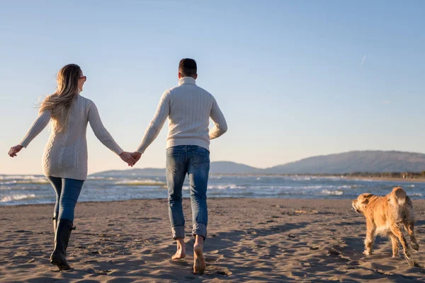 Couple Courant Sur Plage Tenant Leurs Mains Avec Chien Jour — Photo