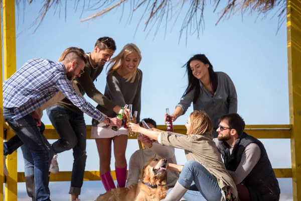 Happy Group Friends Hanging Out Beach House Fun Drinking Beer — стоковое фото