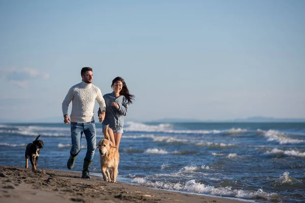 Para Biegająca Plaży Trzymająca Się Ręce Psem Dniu Autmun — Zdjęcie stockowe