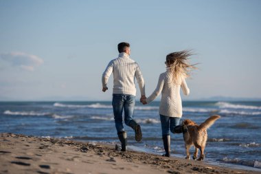 Plajda koşan çift, sonbahar gününde köpekle el ele tutuşuyor.