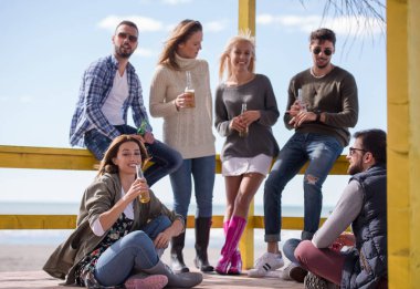 Mutlu bir arkadaş grubu yazlık evde takılıyor ve sonbahar günü bira içiyor.