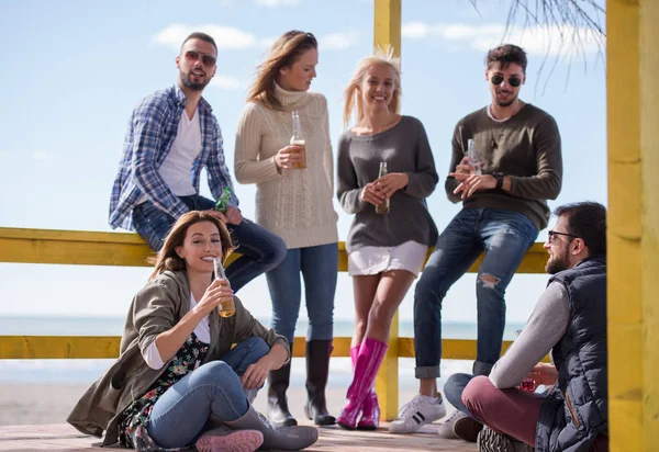 Mutlu bir arkadaş grubu yazlık evde takılıyor ve sonbahar günü bira içiyor.