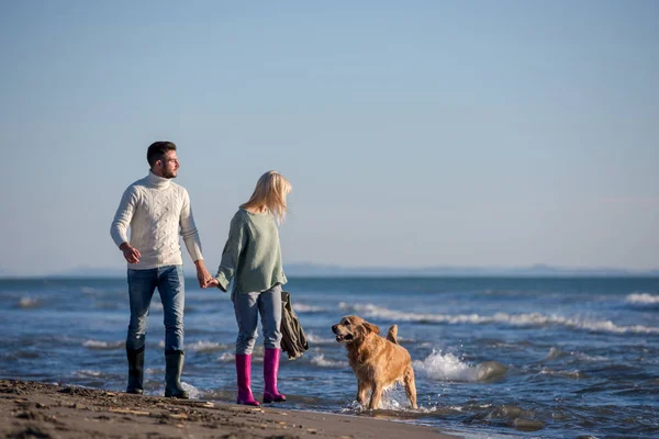 Paar Läuft Strand Und Hält Händchen Mit Hund Herbsttag — Stockfoto