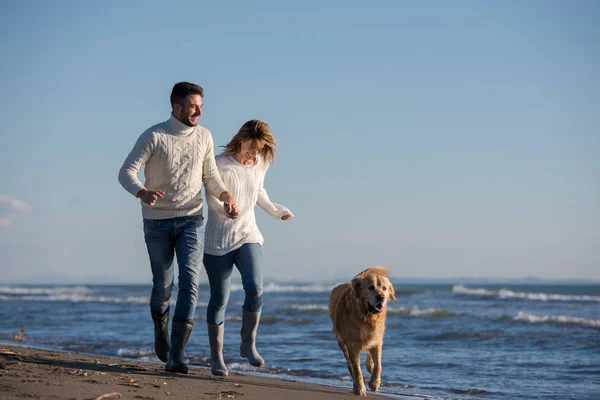 Пара Біжить Пляжі Тримаючи Руки Собакою День Боєприпасів — стокове фото