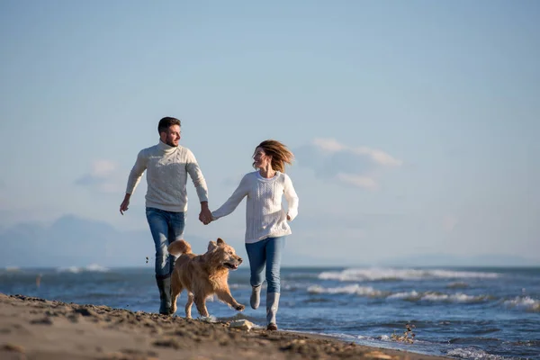 Para Biegająca Plaży Trzymająca Się Ręce Psem Dniu Autmun — Zdjęcie stockowe