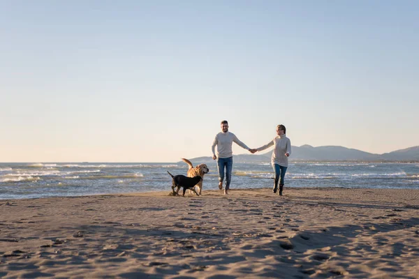 Pareja Corriendo Playa Sosteniendo Sus Manos Con Perro Día Autmun — Foto de Stock