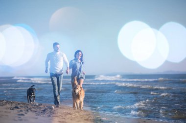 Plajda koşan çift, sonbahar gününde köpekle el ele tutuşuyor.