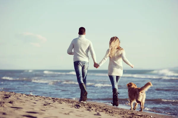 Para Biegająca Plaży Trzymająca Się Ręce Psem Dniu Autmun — Zdjęcie stockowe