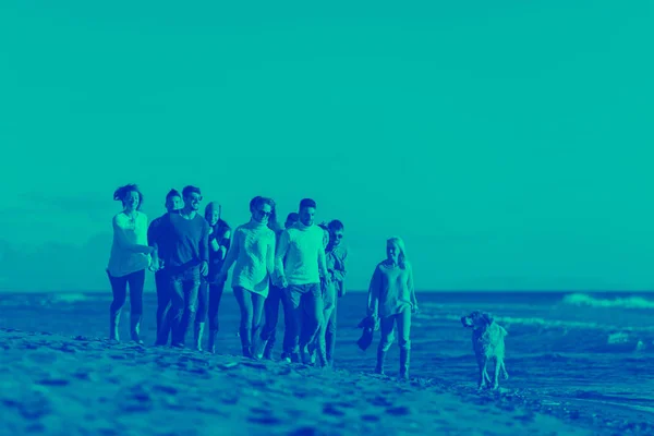 Grupo Jovens Amigos Passar Dia Juntos Correndo Praia Durante Dia — Fotografia de Stock