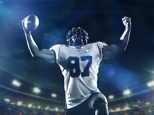 American Football Player Celebrating Scoring Touchdown Field Night — Stock Photo, Image