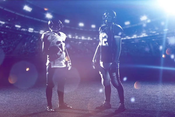 Portrait Confident American Football Players Holding Ball While Standing Field — Stock Photo, Image