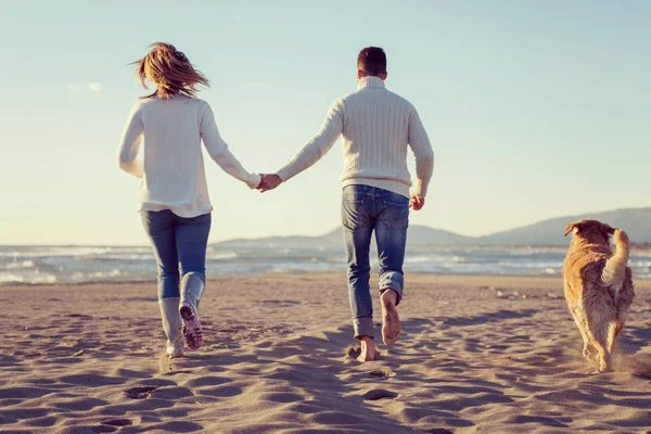 Pareja Corriendo Playa Sosteniendo Sus Manos Con Perro Día Autmun — Foto de Stock