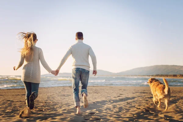 Pareja Corriendo Playa Sosteniendo Sus Manos Con Perro Día Autmun — Foto de Stock