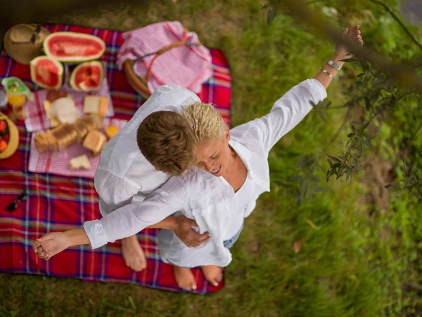 Paar Verliefd Genieten Van Picknick Tijd Drinken Eten Prachtige Natuur — Stockfoto