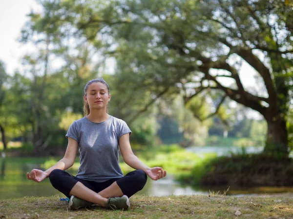 Gezonde Vrouw Ontspannen Terwijl Mediteren Yoga Doen Prachtige Natuur Aan — Stockfoto