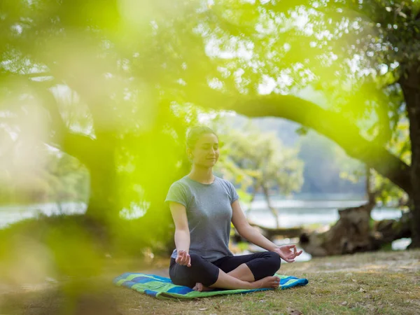 Mujer Sana Relajándose Mientras Medita Haciendo Ejercicio Yoga Hermosa Naturaleza —  Fotos de Stock