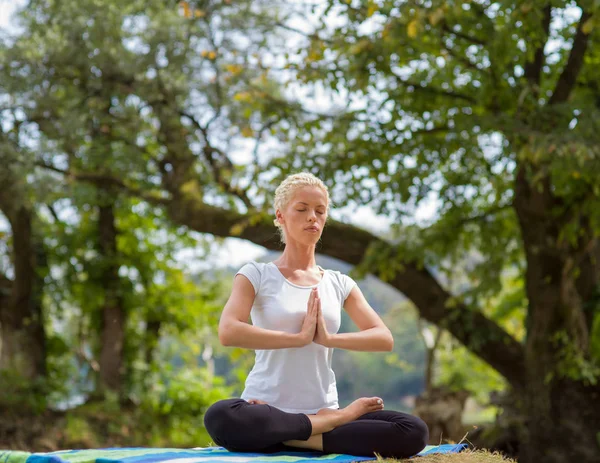 Gezonde Vrouw Ontspannen Terwijl Mediteren Yoga Doen Prachtige Natuur Aan — Stockfoto