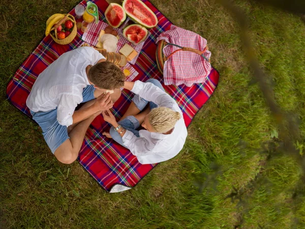 Verliebtes Paar Genießt Picknick Auf Plaid — Stockfoto