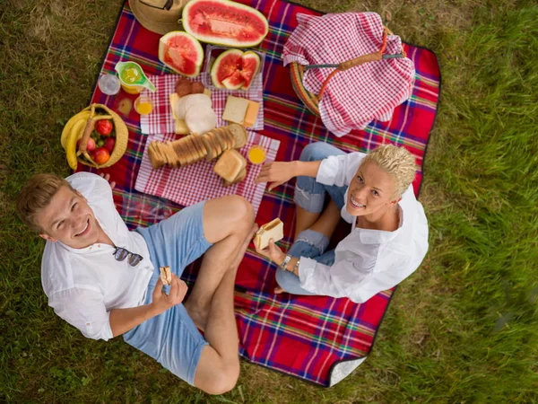 Pár Lásce Těší Piknik Čas Zatímco Sedí Přehoz — Stock fotografie