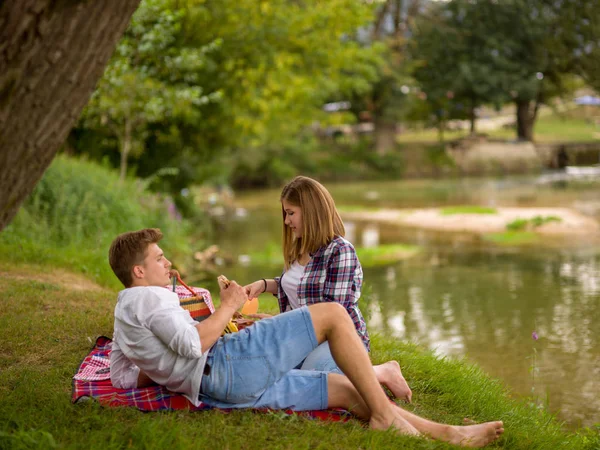 Couple Love Enjoying Picnic Time Drink Food Beautiful Nature River — Stock Photo, Image