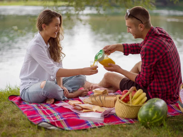 Couple Love Enjoying Picnic Time Food Beautiful Nature River Bank — Stock Photo, Image