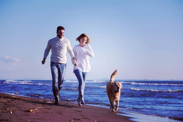 Pareja Corriendo Playa Sosteniendo Sus Manos Con Perro Día Autmun —  Fotos de Stock