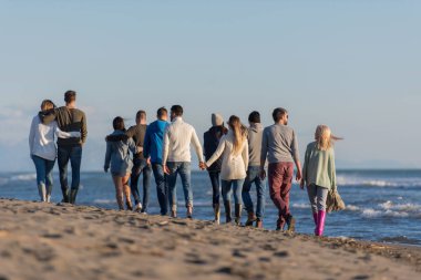 Bir grup genç arkadaş, güz günü boyunca kumsalda birlikte koşuyorlar.