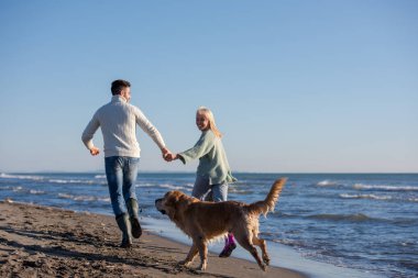 Plajda koşan çift, sonbahar gününde köpekle el ele tutuşuyor.