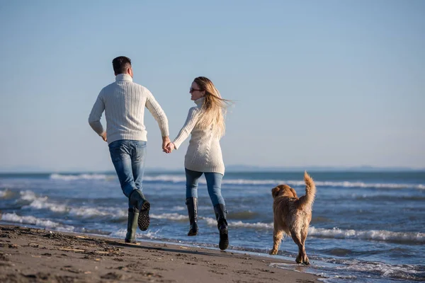 Para Biegająca Plaży Trzymająca Się Ręce Psem Dniu Autmun — Zdjęcie stockowe