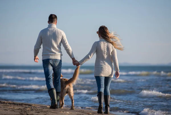 Pareja Corriendo Playa Sosteniendo Sus Manos Con Perro Día Autmun —  Fotos de Stock