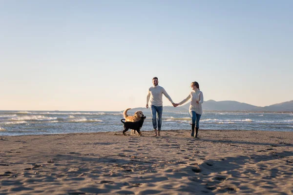 Casal Correndo Praia Segurando Mãos Com Cão Dia Outono — Fotografia de Stock