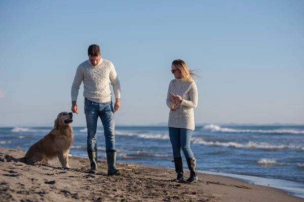 犬と手をつないでビーチを走るカップル秋の日 — ストック写真