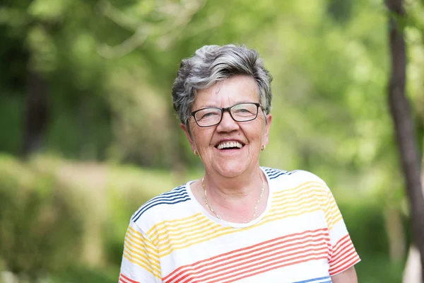 Portrait Happy Senior Woman Eyeglasses Nature — Stock Photo, Image