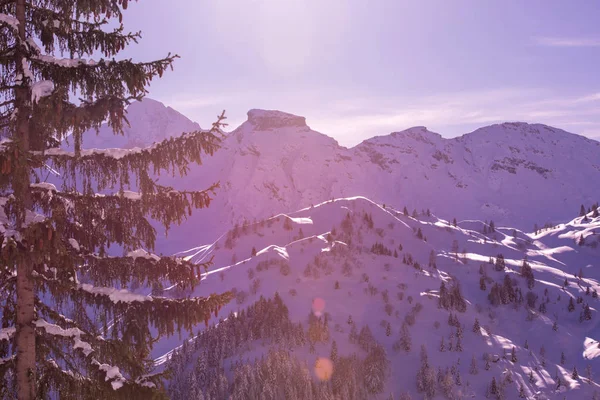 Nascer Sol Inverno Com Neve Fresca Nas Montanhas Dos Alpes — Fotografia de Stock