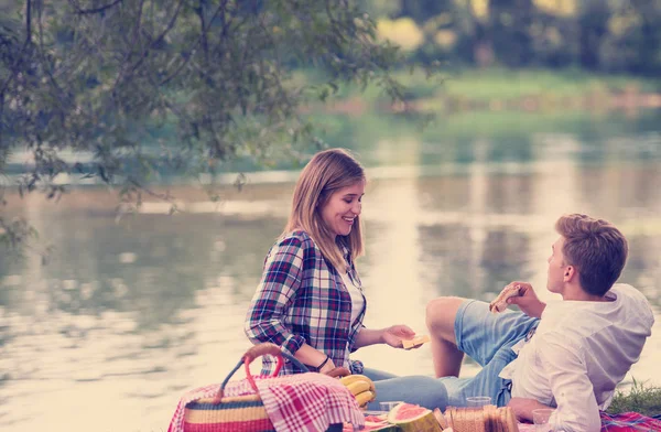 Couple Love Enjoying Picnic Time Drink Food Beautiful Nature River — Stock Photo, Image