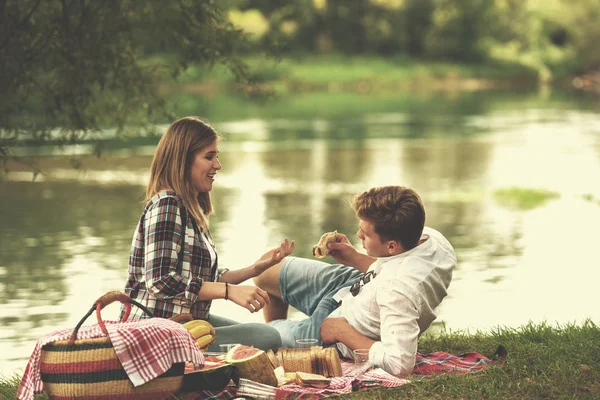 Pareja Amor Disfrutando Picnic Bebida Comida Hermosa Naturaleza Orilla Del —  Fotos de Stock