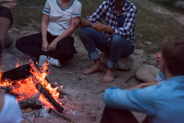 Group Happy Young Friends Relaxing Enjoying Summer Evening Campfire — Stock Photo, Image