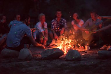 Bir grup mutlu genç arkadaş nehir kıyısında kamp ateşi etrafında dinleniyor ve eğleniyorlar.