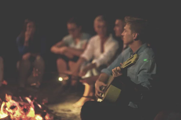 一群快乐的年轻朋友在河边篝火边享受着夏日的夜晚 — 图库照片