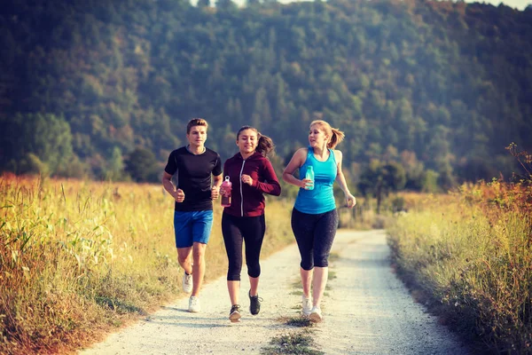 Grupa Młodych Ludzi Jogging Podismo Drogowego Kraju Działa Otwartej Drodze — Zdjęcie stockowe