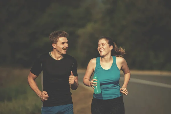 Young Couple Enjoying Jogging Country Road Morning — Stock Photo, Image