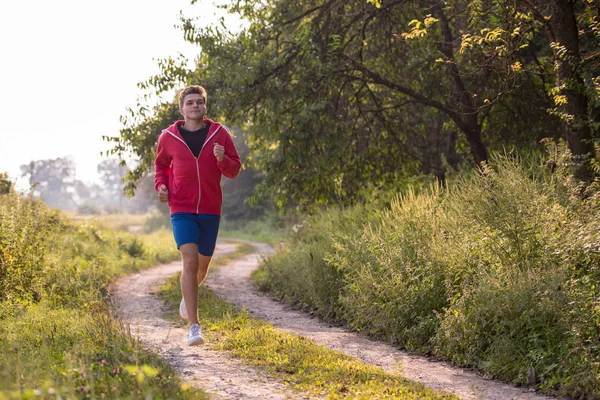 年轻的成年男子享受健康的生活方式 而慢跑在农村场景 — 图库照片