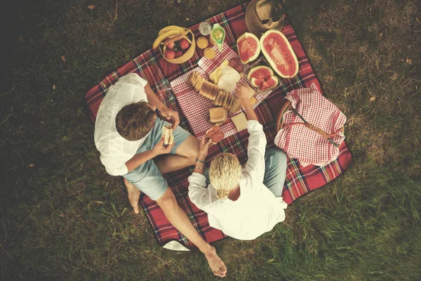 恋の格子縞に座ってピクニック時間を楽しむカップル — ストック写真