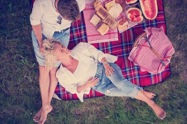 Pareja Amor Disfrutando Tiempo Picnic Mientras Está Sentado Cuadros — Foto de Stock